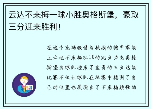 云达不来梅一球小胜奥格斯堡，豪取三分迎来胜利！