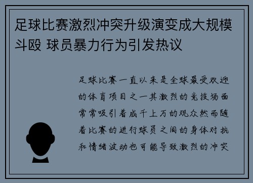 足球比赛激烈冲突升级演变成大规模斗殴 球员暴力行为引发热议