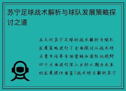 苏宁足球战术解析与球队发展策略探讨之道